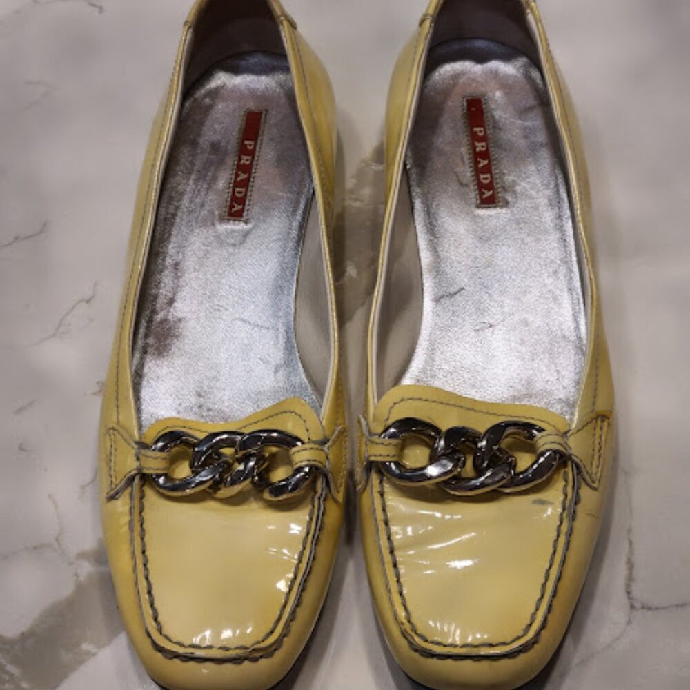Prada *Vintage* 90s Yellow Patent Leather Logo Loafers EU 39.5/ US 9 or 9.5 - Picture 6 of 8